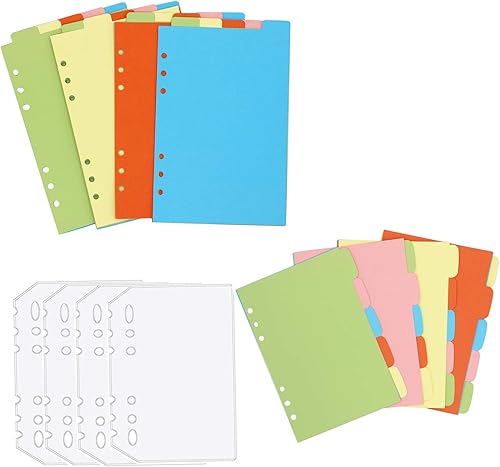 Juego de 12 divisores A5 de 6 agujeros, duraderos, coloridos, hojas sueltas, separadores de índices con carpetas transparentes