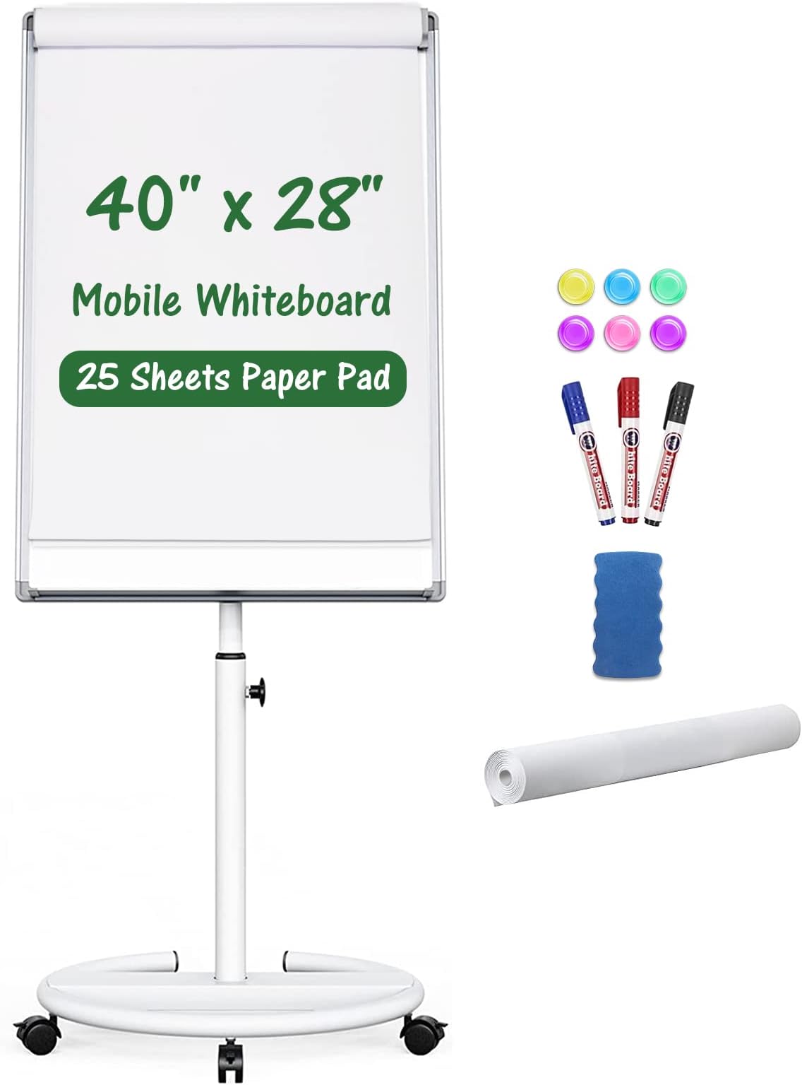 Mobile Whiteboard Magnetic Dry Erase Board Height Adjustable Movable Round Stand Easel Flipchart White Board with Paper Pad, Magnets, Dry Erase Markers, Eraser, 40x28 inch (White)