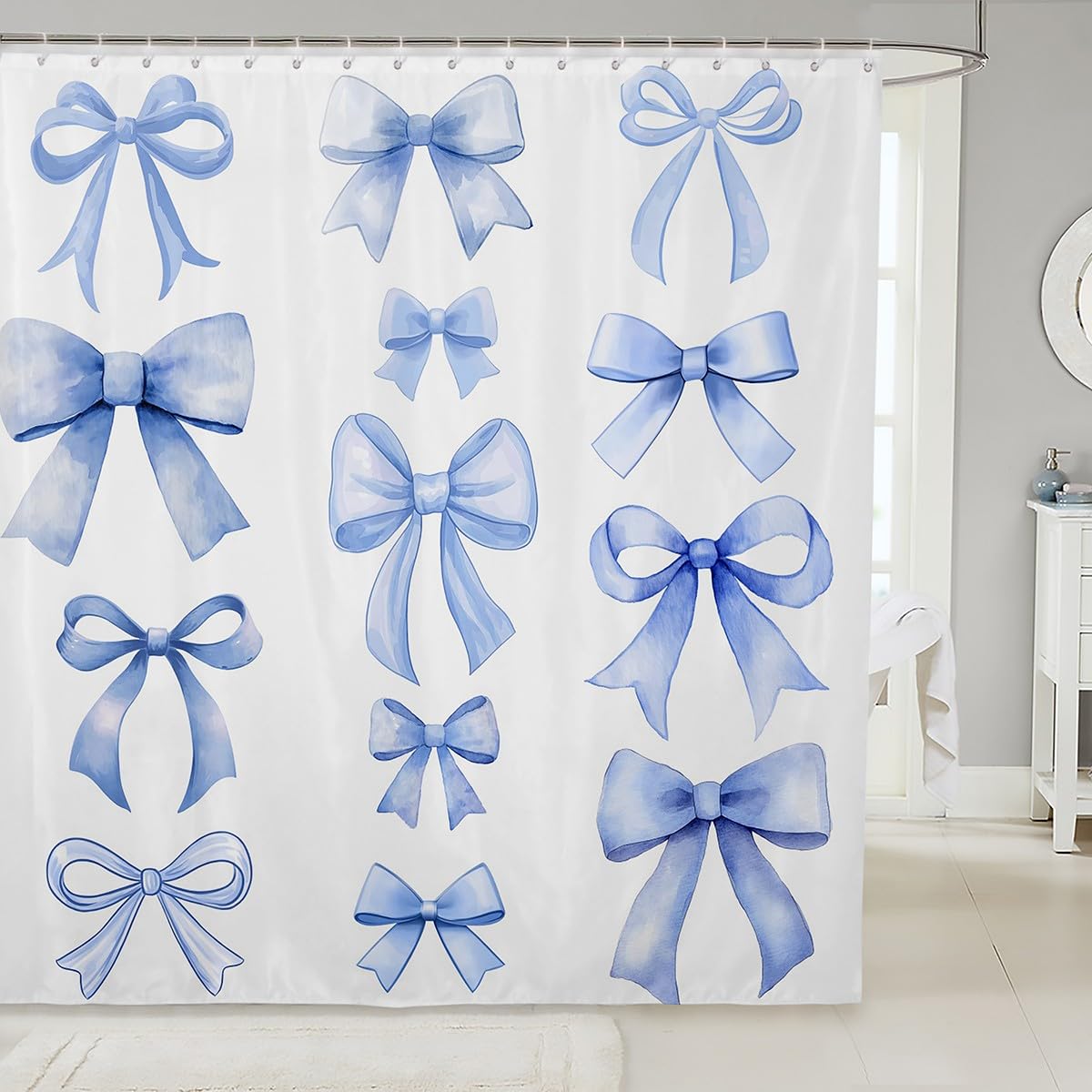 Rideau de douche imperméable bleu 183x183 cm à motif de nœud papillon fille