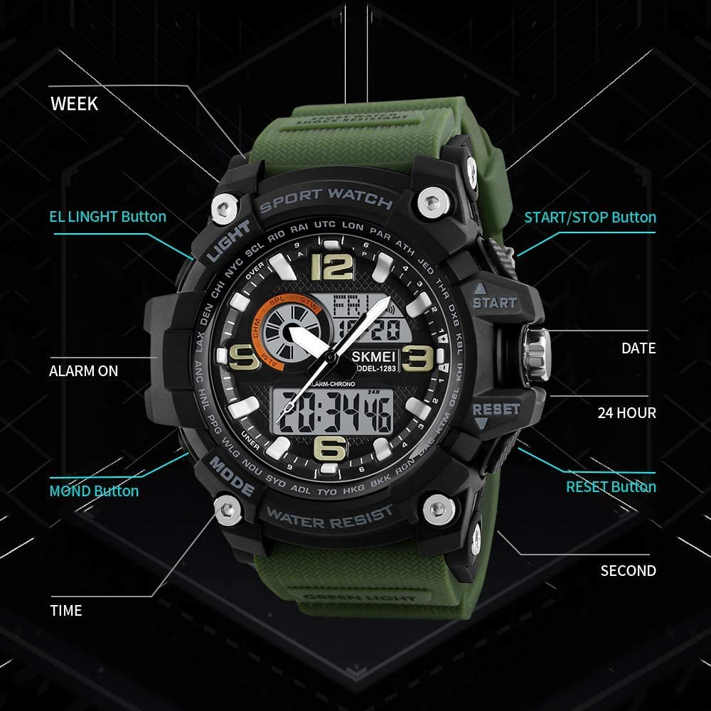 MASTOP Reloj digital para hombre, resistente al agua hasta 50 m, esfera doble, multifunción, analógico, militar, deportes al aire libre, reloj electrónico impermeable