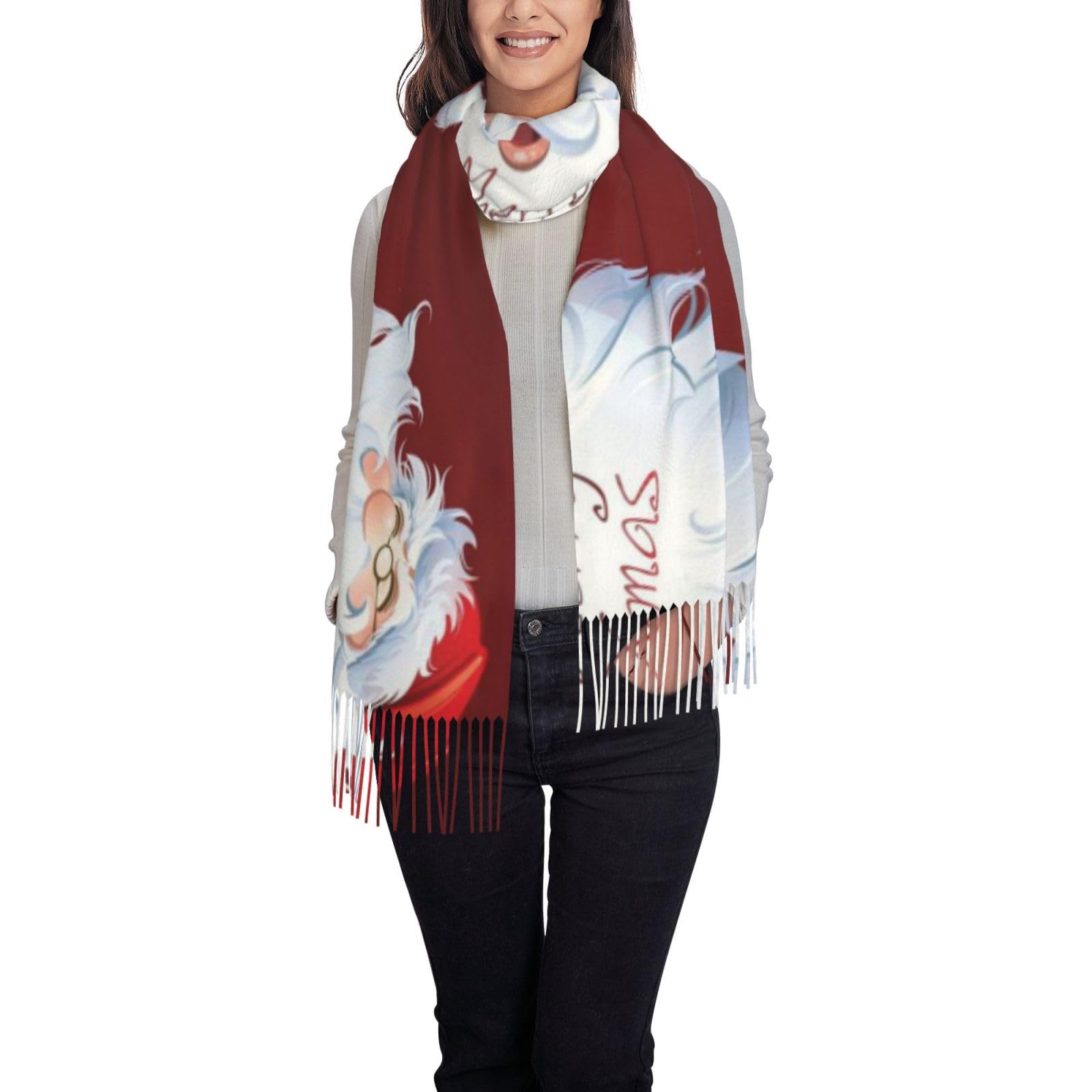 Ouyniei Women's Xmas Day Stylish Printed Scarf For - Soft Fringed Shawl Wrap, Winter Fashion Accessory & Gift