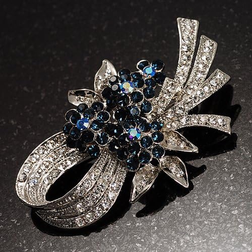 Stunning Bow Corasge Crystal Brooch (Clear&Navy Blue), silver, white / ivory, blue, dark blue - Image 3