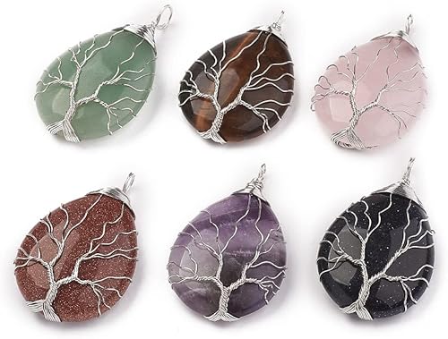 Miniatura 3 de Beadthoven - Dijes de cristal curativo de piedras preciosas naturales envueltas en alambre para hacer collares, joyas, Piedra Platino Latón