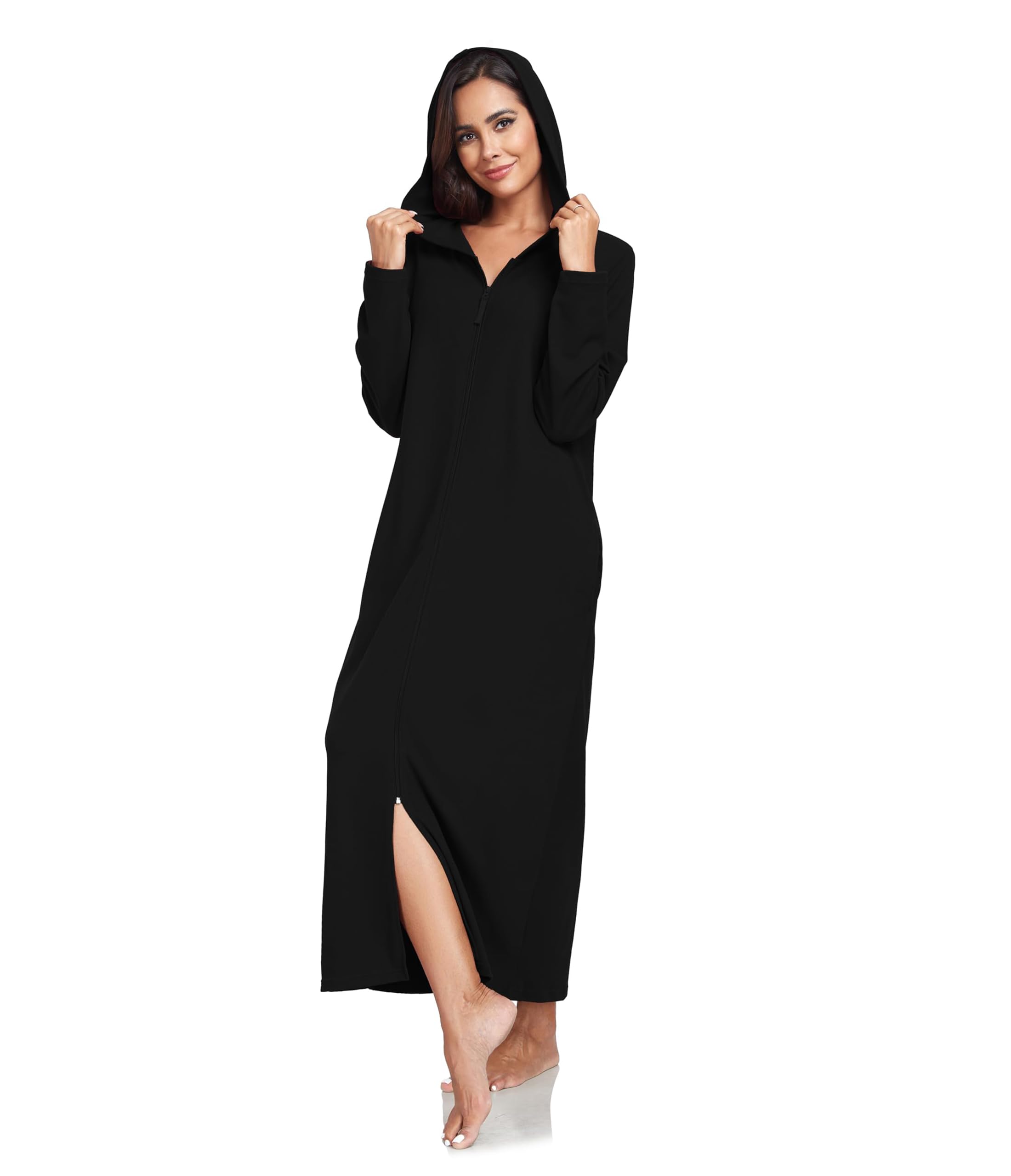 COLORFULLEAF Damen Reißverschluss Bademantel Langarm Kapuze Fleece Bademantel Weich Warm Hausmantel Loungewear mit Taschen