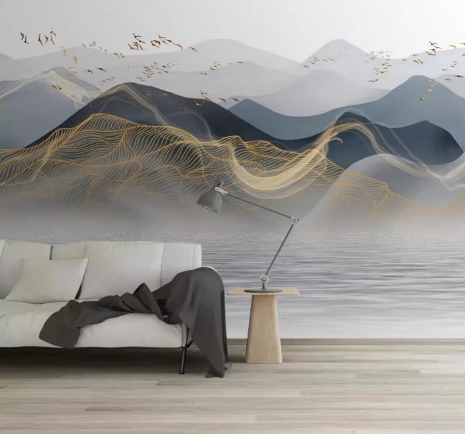Wallpaper-3D-Xlm 400Cm×280Cm(B×H) Contemporary Luxury Gold Ink Wash Landscape Birds 3D Wallpaper Easy Install Feature Office Living Room Sofa Bedroom Tv Background Wall Decoration-400Cm×280Cm
