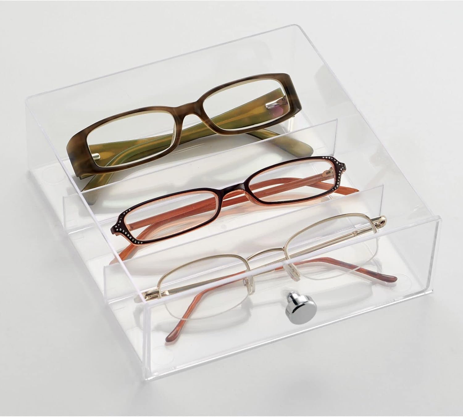 mDesign Stackable Plastic Eye Glass Storage Organizer Box Holder for Sunglasses, Reading Glasses, Lens Cleaning Cloths, and Accessories - 2 Divided Drawers, Chrome Pulls - Clear