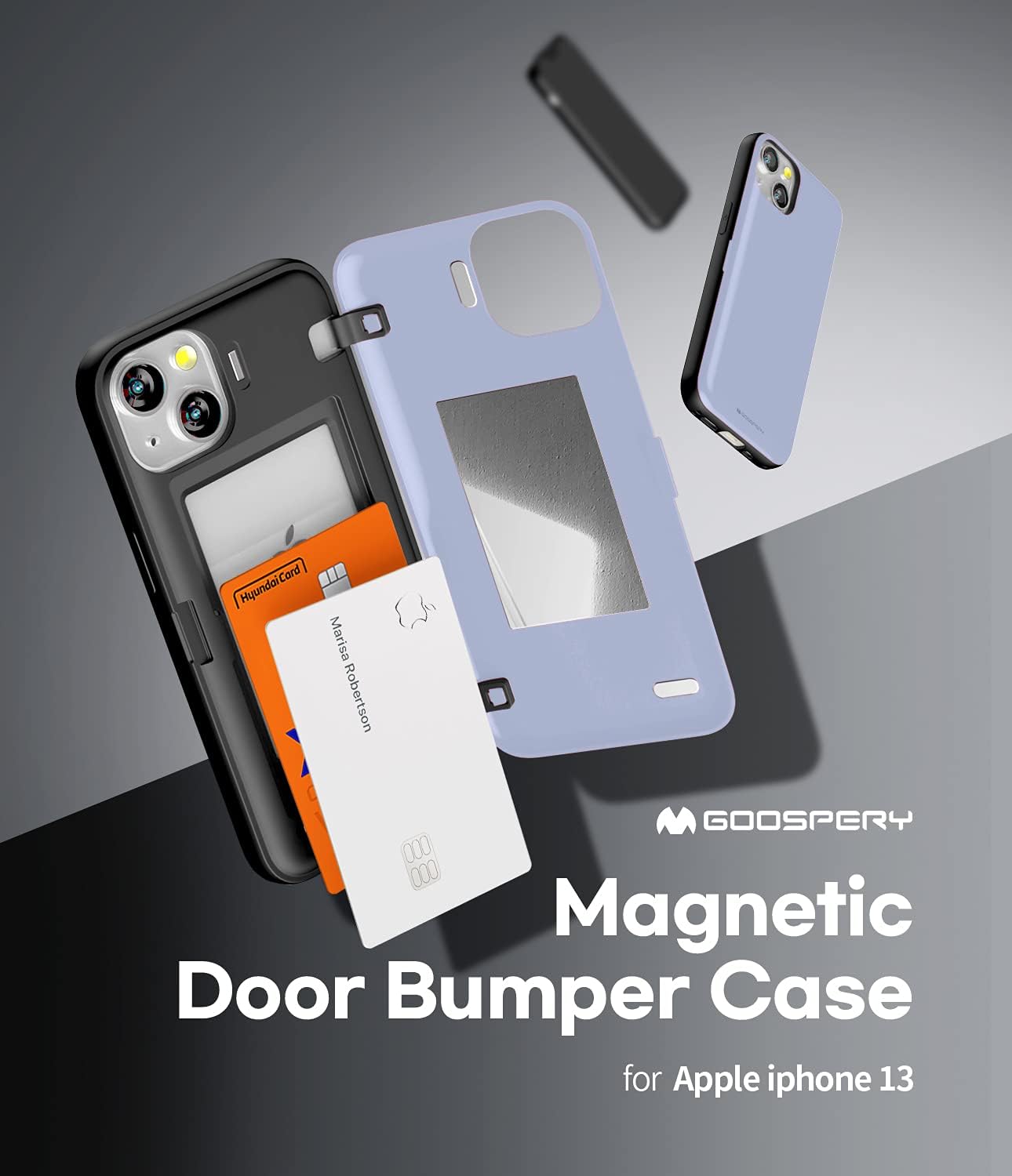 GOOSPERY Magnetic Door Bumper Compatible with iPhone 13 Case, Card Holder Wallet Easy Magnet Auto Closing Protective Dual Layer Sturdy Phone Back Cover - Purple