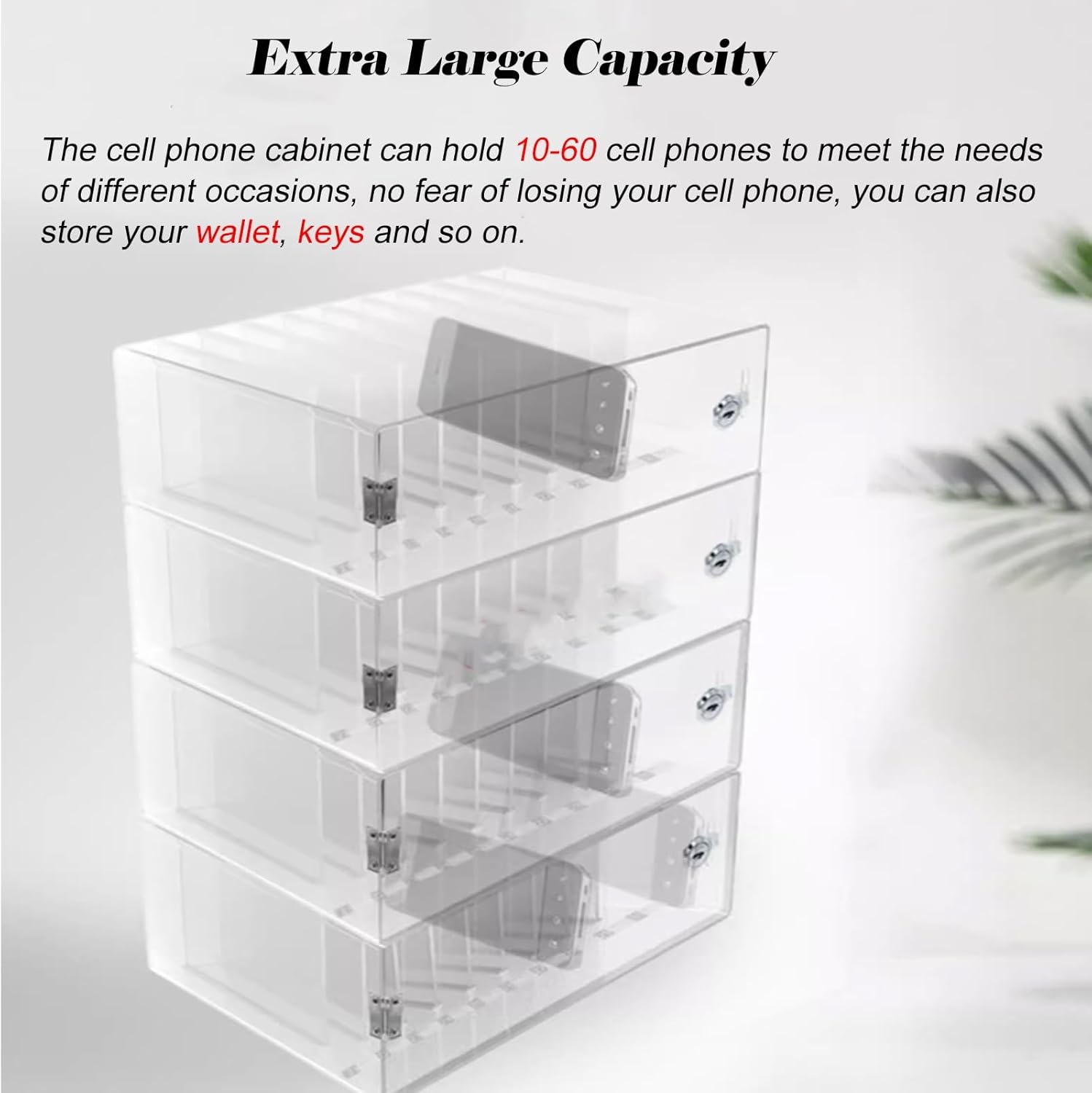 Clear Acrylic Cell Phone Locker with Lock & Key, 28cm Storage Cabinet for Phones & Valuables, 6-Tiered Organizer with Stickers & Numbering, Perfect for Offices & Schools