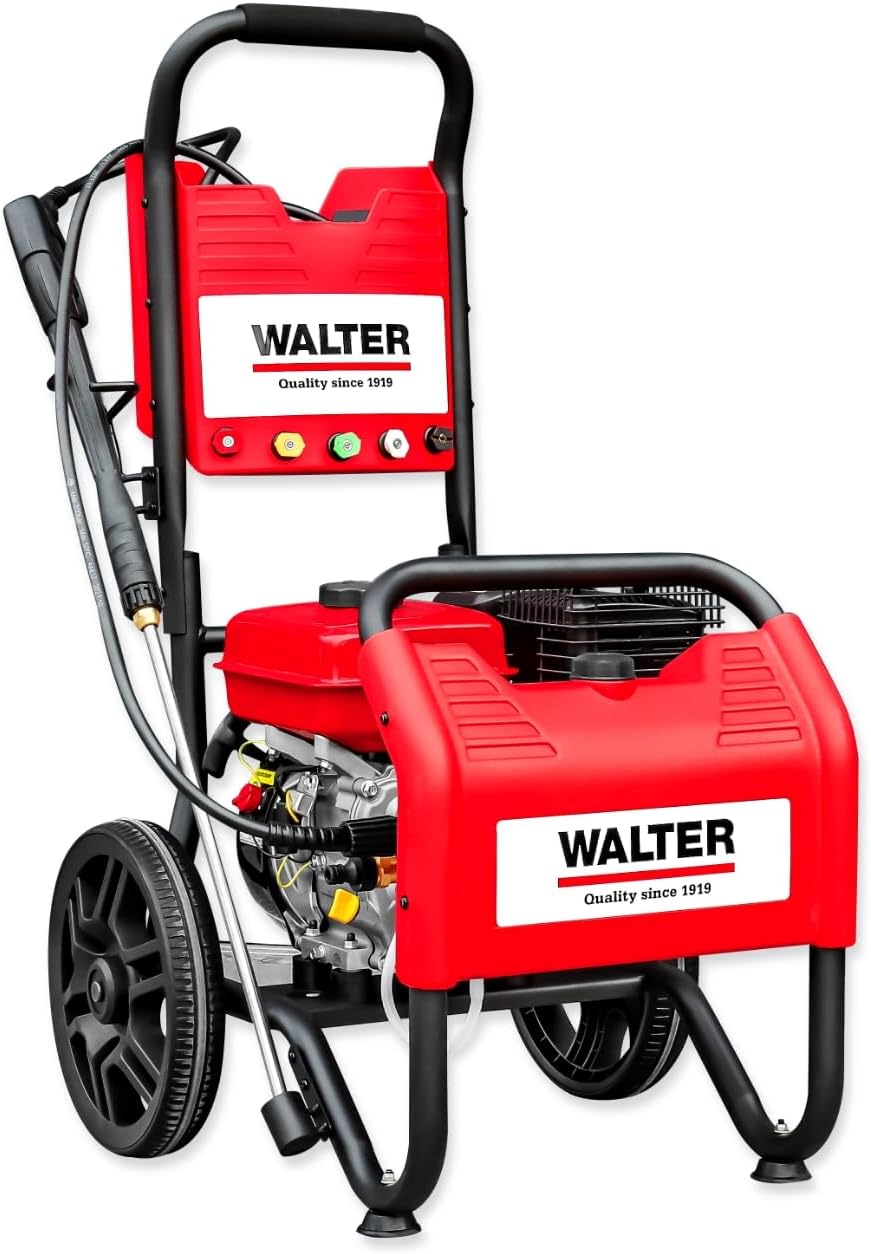 WALTER Benzin Hochdruckreiniger, Terrassenreinger, 250 bar, 7 PS Viertaktmotor, 208 CCM, inkl. Zubehör: 6m Hochdruckschlauch, 4m Ansaugschlauch, 5 Düsen, Vollgummiräder