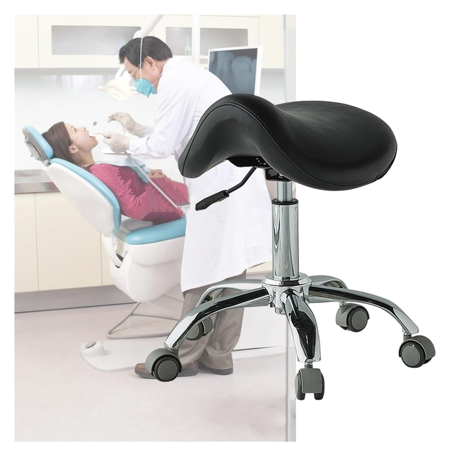 METTEOR Ergonomic Saddle Stool Chair with Medical Wheels, 49~64 Cm Hydraulic Salon Saddle Chair for Dentist Hygienist, Easy to Slide Rolling Stool (Black)