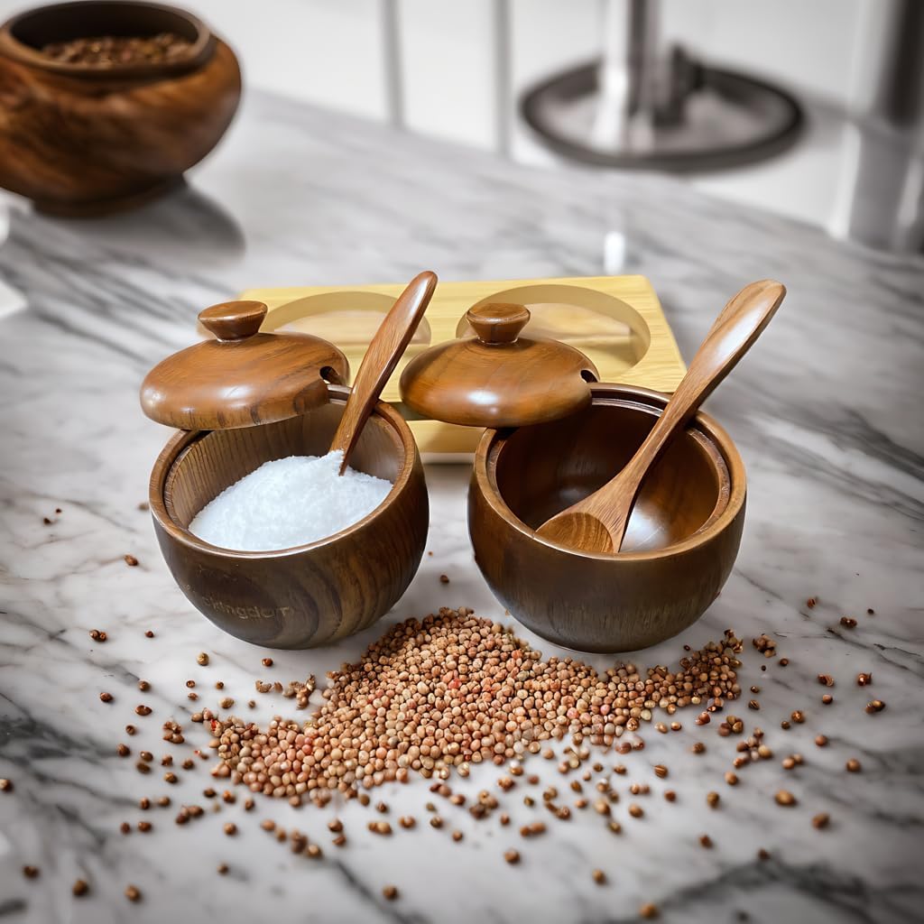 Yaokingdom 2-Piece Wooden Salt or Spice Box with Lid, Spoon, and Holder Keep table salt, gourmet salt, herbs, or favorite spices at your fingertips on your countertop