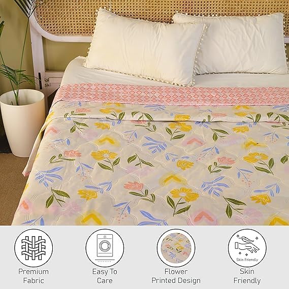 Image of SHOPINGTRADE Dohar Double Bed Cotton Blankets for Summer Ac Comforter and Cooling Blankets for Summer Grey Color Classic Printed Design Quilt Ideal for Gifting (RED Yellow Flower Design, Single Bed)