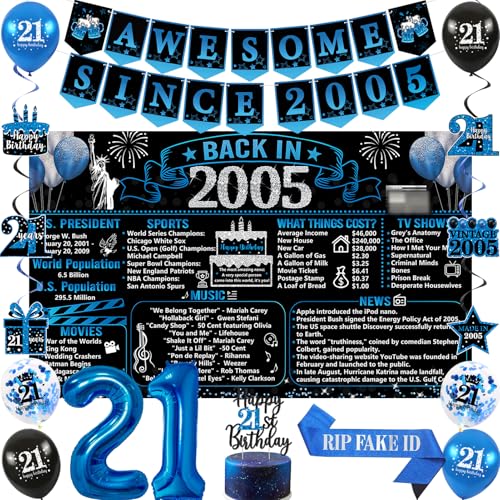 Trgowaul 21st Birthday Decorations for Him Black Blue Back in 2005 Birthday Party Supplies Blue Vintage 2005 Banner Rip Fake Id Sash 21st Cake Topper Latex Balloons 21 Year Old Set for Boys