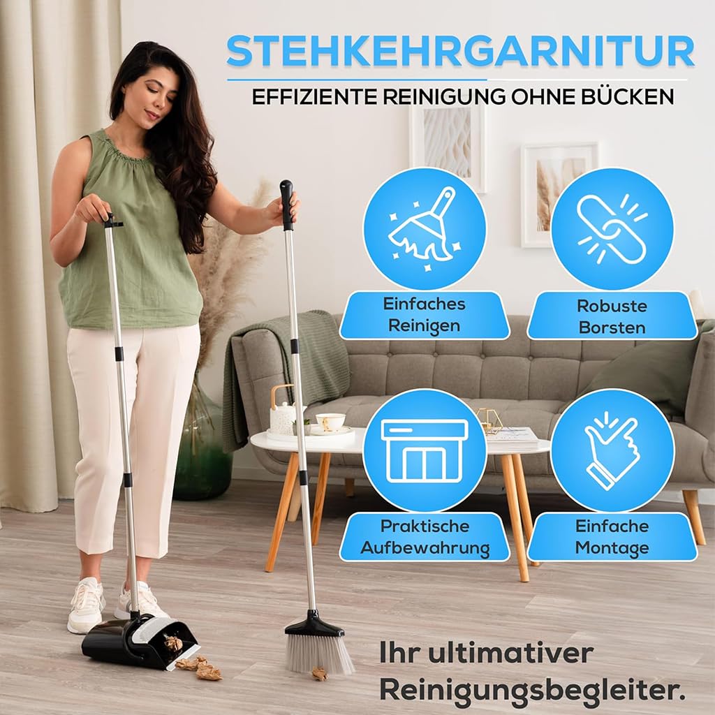 Peggy Perfect Stehkehrgarnitur Langstielkehrgarnitur Besen und Kehrschaufel. Zwei Größen - ein Produkt - 92cm u. 127cm. Auffangbehälter| Gummilippe| Kammzähne| Inn- & Outdoor| Effektive Eckenreinigung