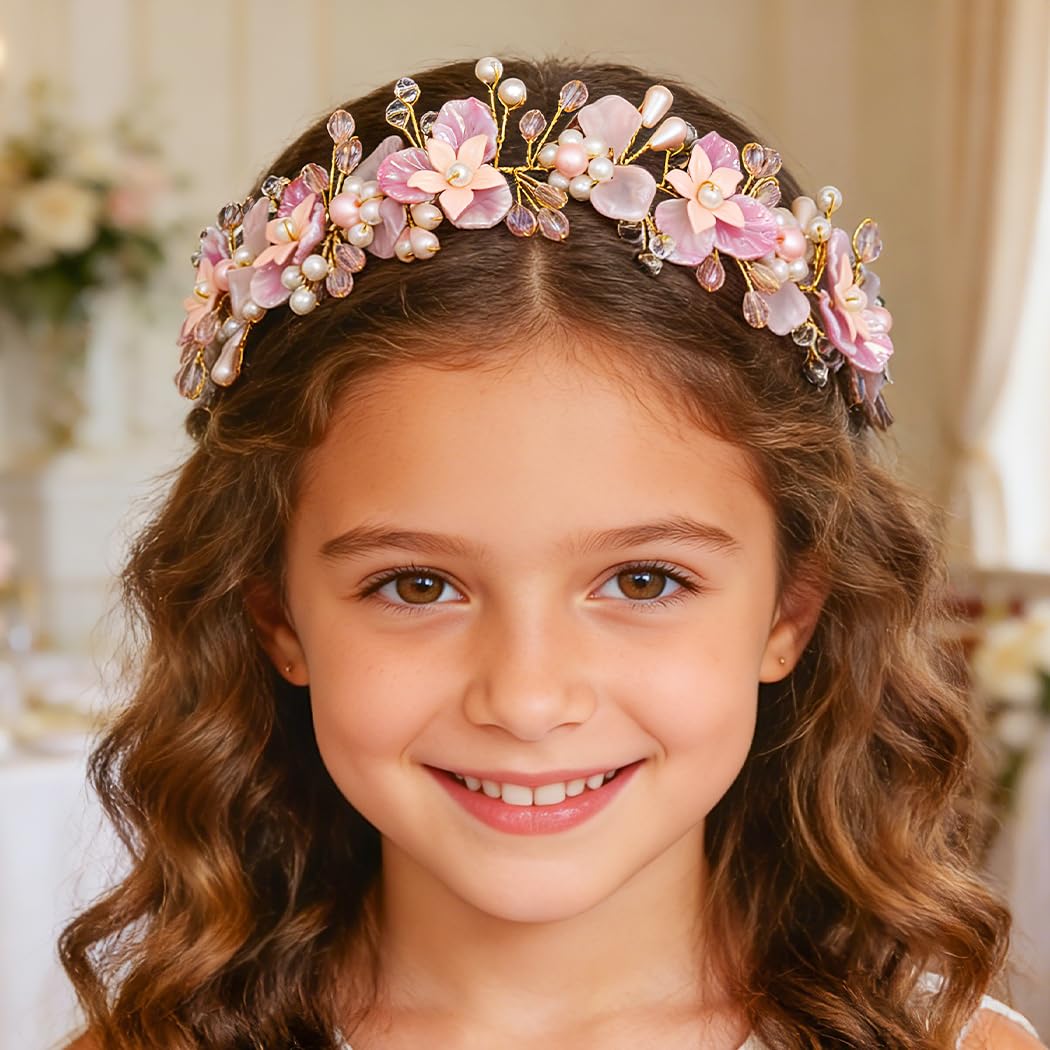 Campsis Flower Girls Headband Pink Floral Headpiece Pearl Bridal Hair Accessories for Wedding