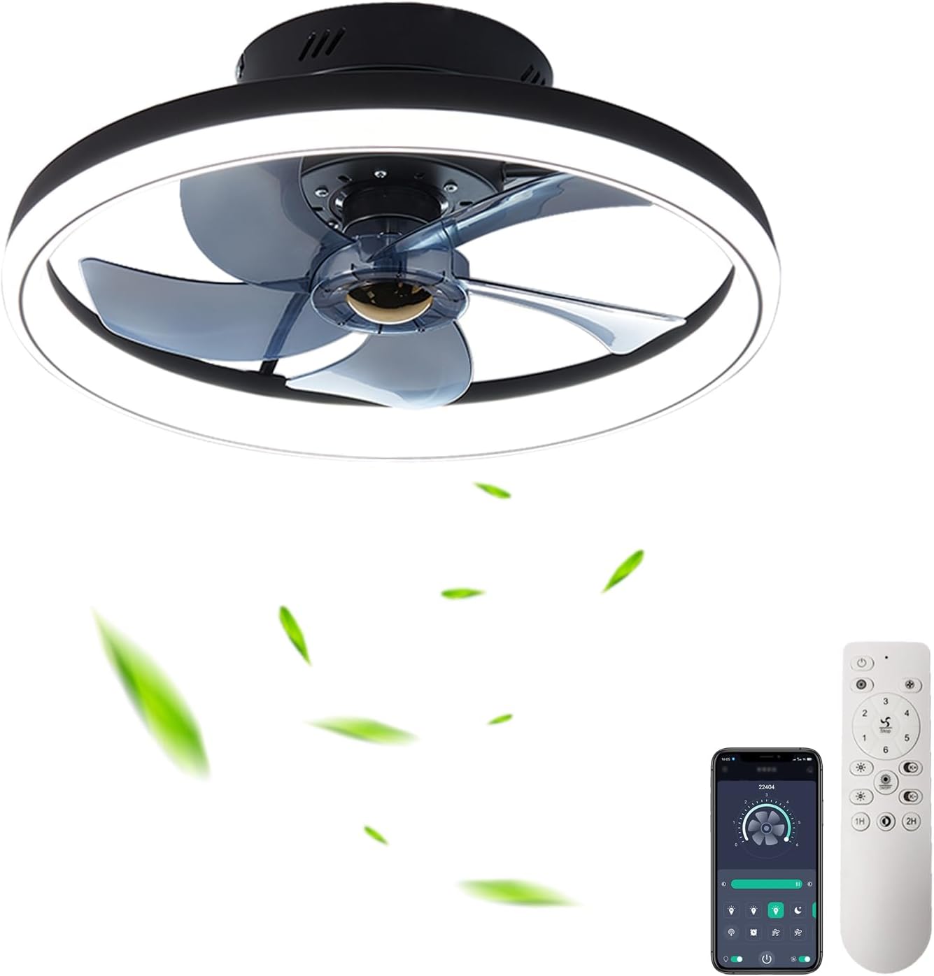 Ceiling Fan with Light and Remote Control, Indoor LED 30W Dimmable Ceiling Lamp Modern Low Profile Ceiling Fans for Living Room Bedroom Lighting, 6 Speeds, Dimming Lights, White (Black)