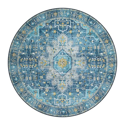 Moynesa Ultra-Thin Washable 5ft Round Rug - Teal 5x5 Circle Rugs for Living Room, Vintage Dining Room Mat Stain Resistant Nursery Carpet for Bedroom Mudroom Kitchen Apartment Home Office