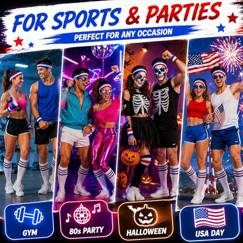 Foxzone Sweatbands, Headband, Wristbands, Knee High Striped Socks & Star Sunglasses, Retro 80s Costume Accessories for Party, Halloween, Gym, Sports Events & 4th of July for Women Men - image 7
