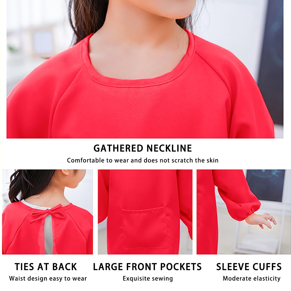 WULIQIUQIU Kids Art Smock, Waterproof Artist Painting Apron Smocks for Children Full Coverage Long Sleeve Smock with Pocket Red XL - Image 4