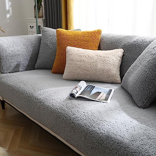 SHANNA Thick Rabbit Plush Sofa Cover 1 2 3 Seater, 2024 New Universal Non-Slip Corner Sofa Cover L Shape Super Soft Faux Fur Sofa Slipcovers for Living Room(Grey, 70 * 70cm Armrest or Backrest)