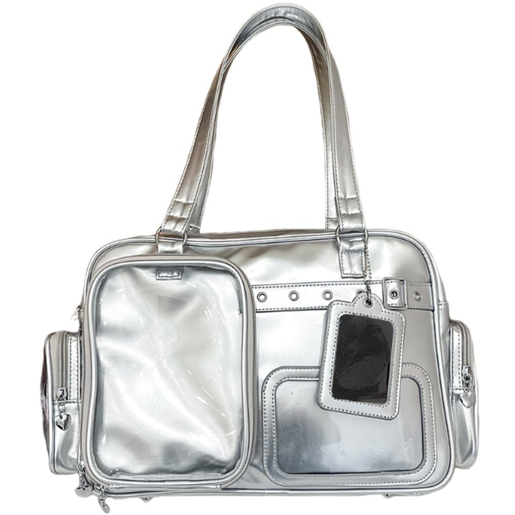 Fituenly Ita Bag PU Leather for Women, Y2K Transparent Large Capacity Shoulder Crossbody, DIY Badge Display Handbag Daily Messenger Tote
