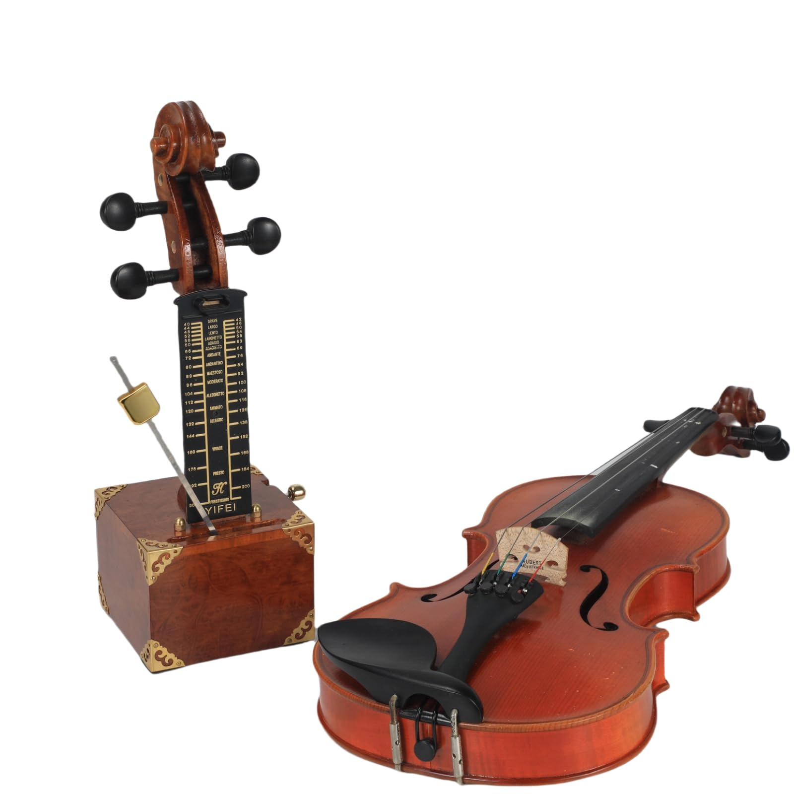 Metrónomo de madera maciza hecho a mano, diseño clásico inspirado en violín con detalles dorados, movimiento mecánico de precisión y acabado de lujo para hacer violín, hecho a mano para músicos