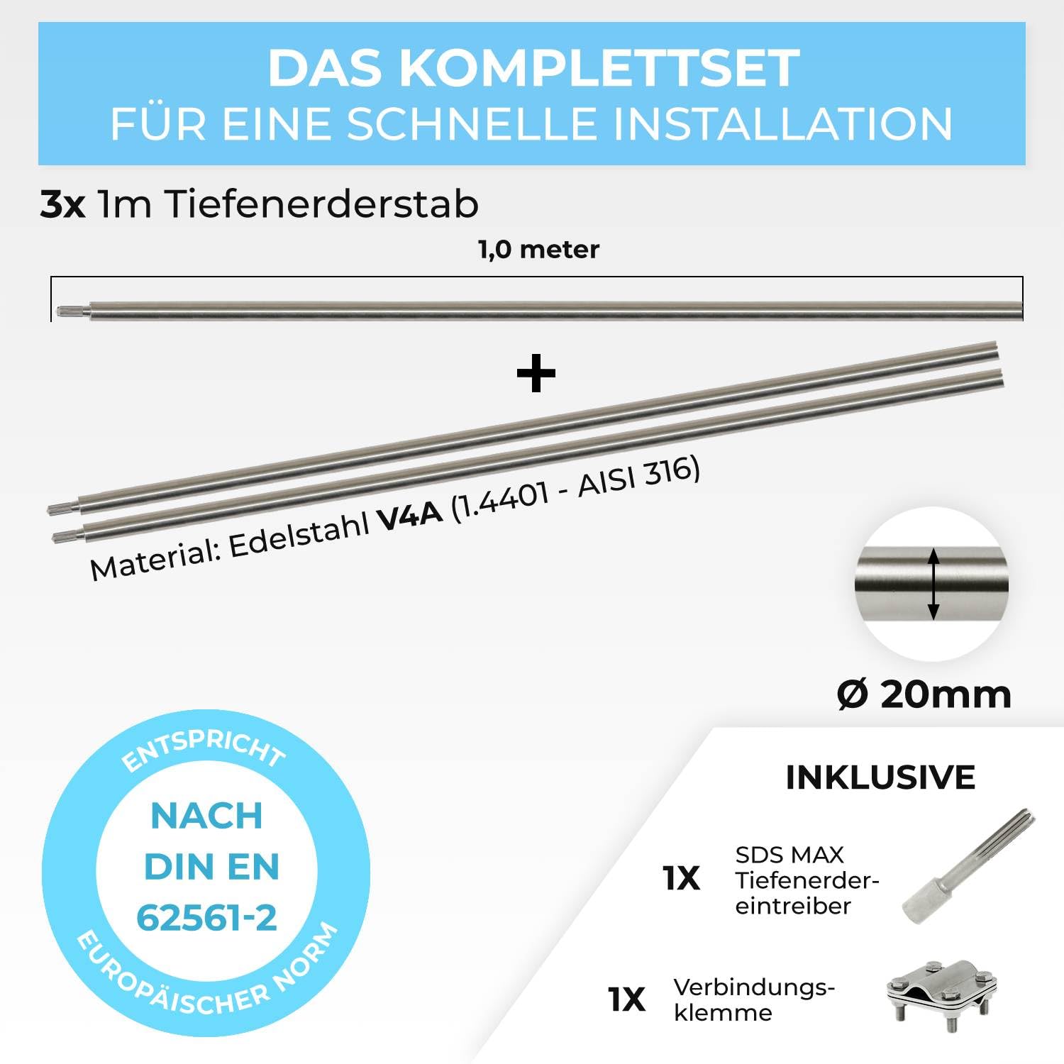 GRAFT Tiefenerder Set V4A Edelstahl 3x1m Erdungsstangen 20mm Durchmesser SDS-Max Eintreiber Blitzschutz PV Anlage