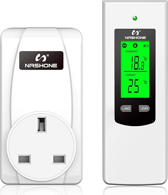 NASHONE Wireless Thermostat RF Plug Digital Temperature Controller with Heating and Cooling Mode. Remote Control-Built in Temperature Sensor. 3680W