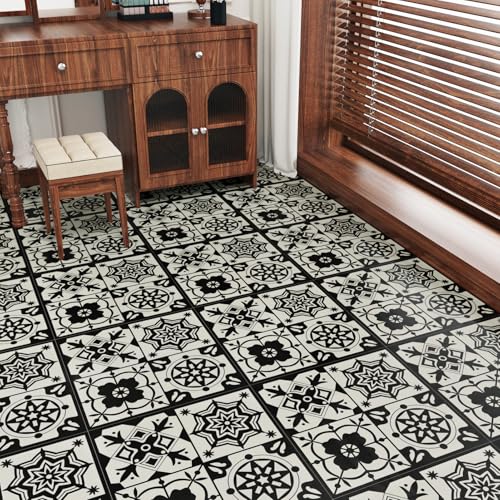 Wallercity Black Floral Peel and Stick Floor Tile for Bathroom Kitchen Waterproof 18PCS Retro Sticky Tiles for Floor Self Adhesive Removable Vinyl Flooring Tiles for Rooms Flooring Sheets 12x12 Inch