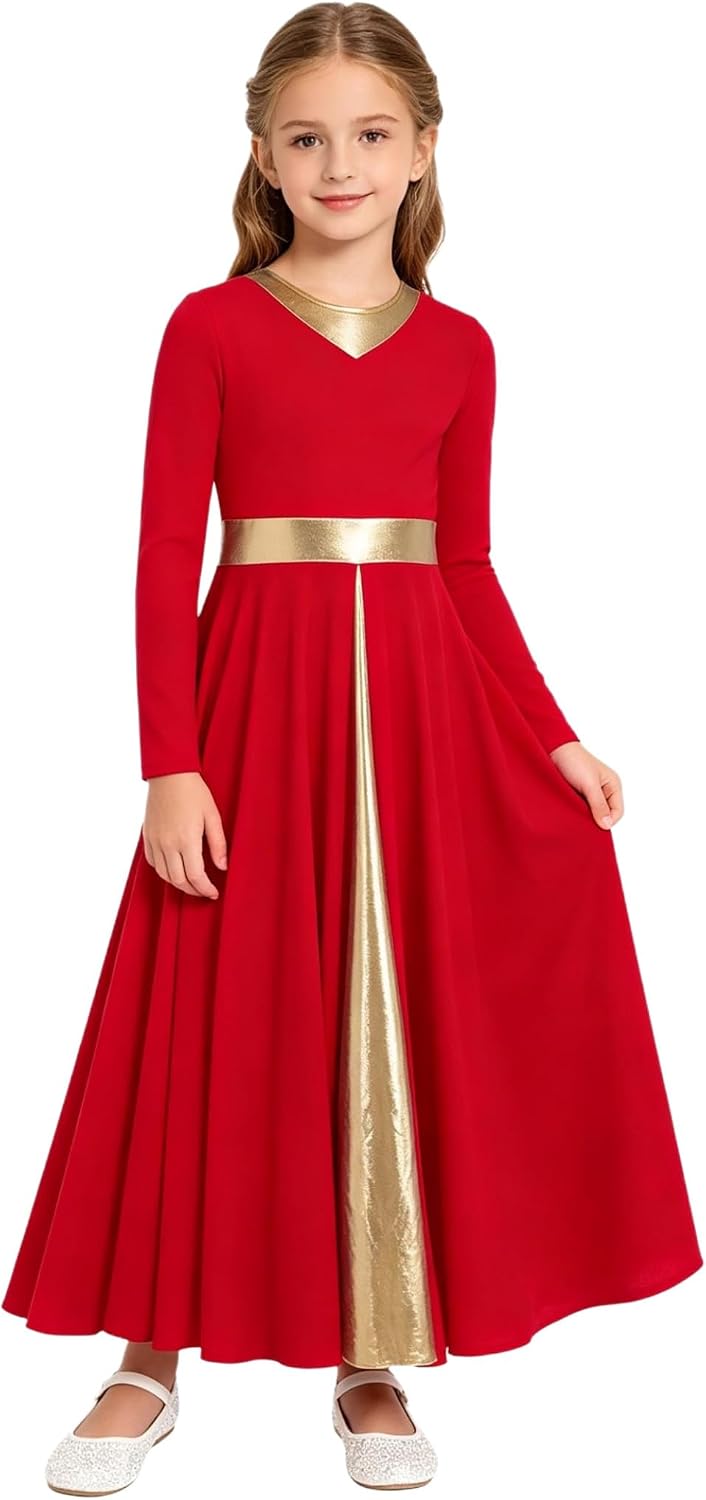 Girls Metallic Liturgical Worship Dance Dress V Neck Full Length Choir Tunic Robe Praise Dance Maxi Dress