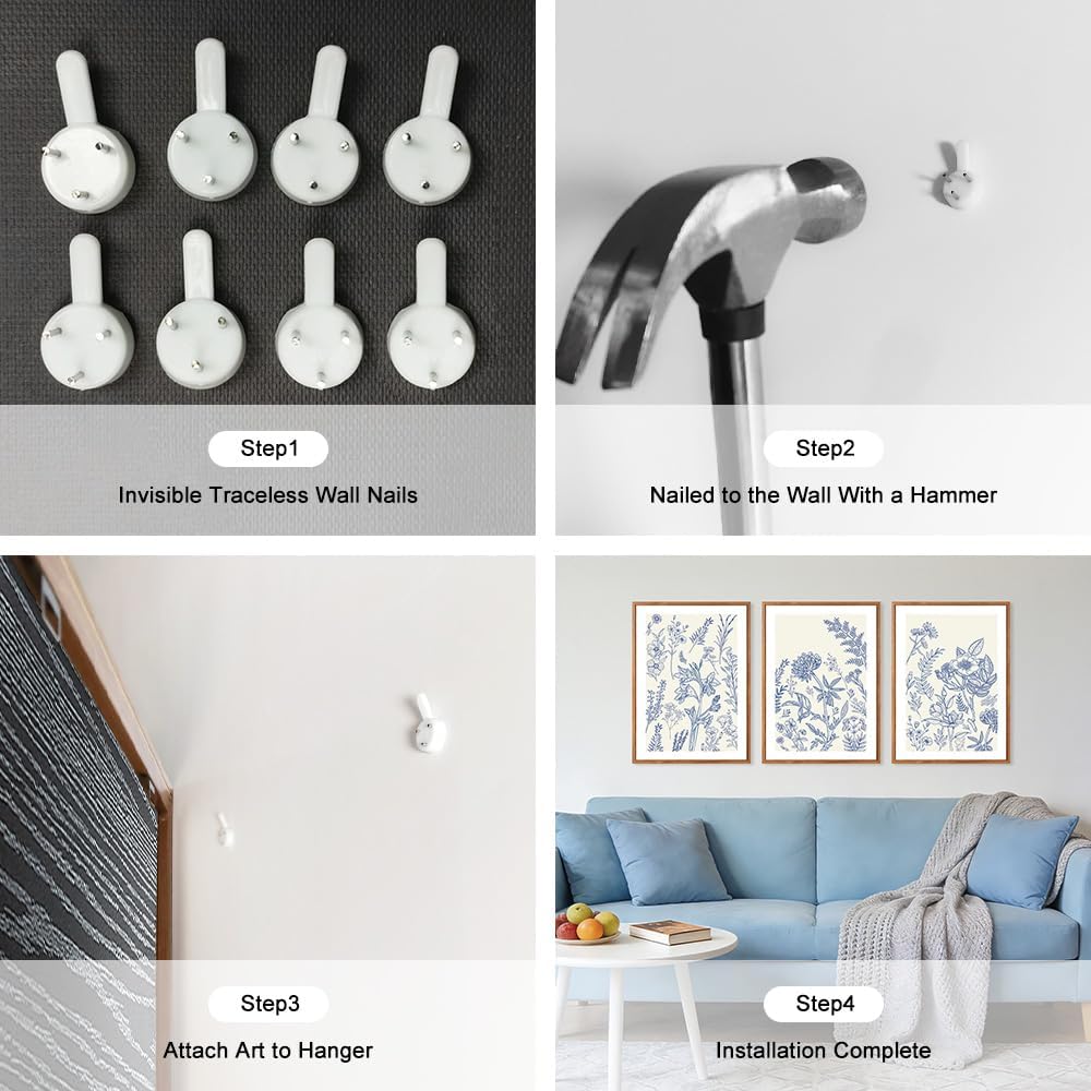 HPINUB Classic Chinoiserie Floral Framed Canvas Wall Art, (Set of 3,12X16 Inch) Watercolor Blue and White Botanical Flowers Wall Decor,Navy Blue Minimalist Wildflower Art Print for Living Room,Office