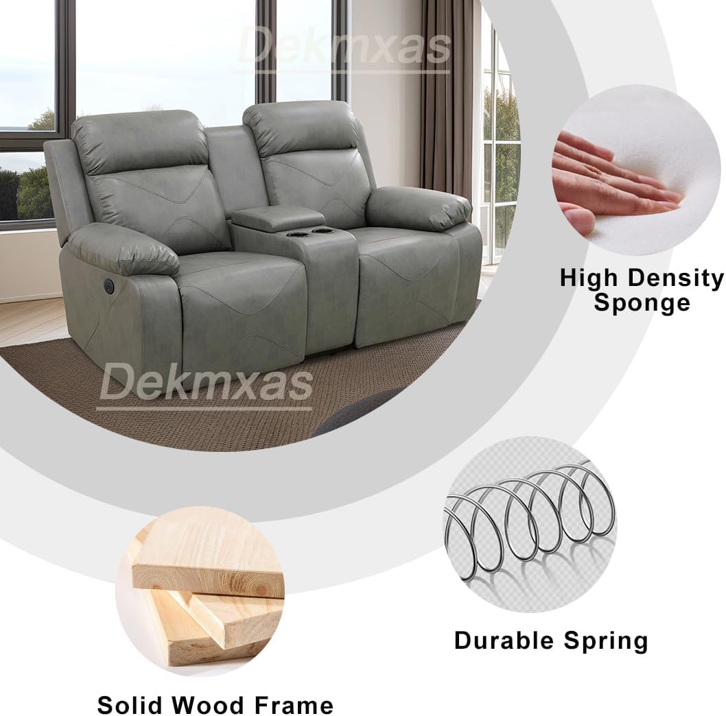 Furniture Recliner Loveseat Gray Manual Adjustable Leather Couch Living Room Loveseat with Storage Console/Cup Holders/LED Light/USB Port for Living Room, Office(Grey)