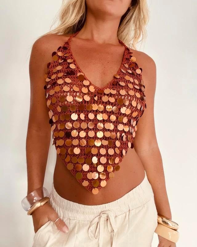 Sequin Crochet Halter Tops for Women Sexy Open Back Y2k Crop Top Hollow Out Knit Summer Beach Going Out Tops - Image 4
