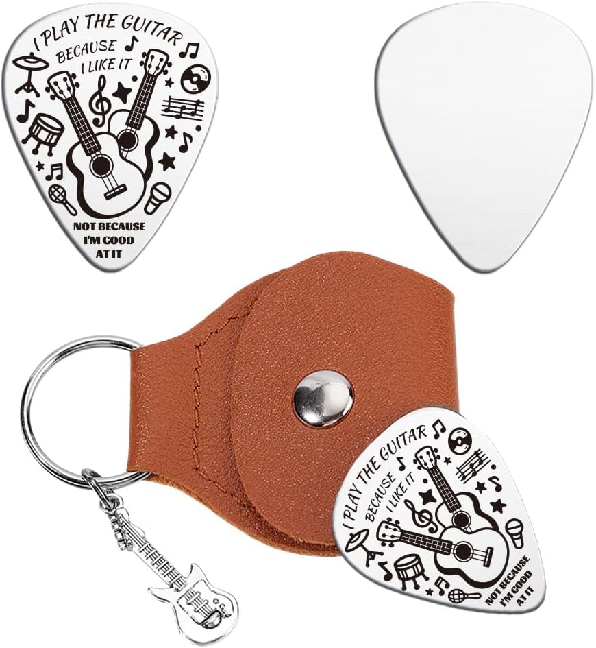 UNICRAFTALE Guitar Picks Music Word Stainless Steel Guitar Picks Keychain Holder with Brown PU Leather Case Plectrum Accessories for Players Gifts for Musician Lover
