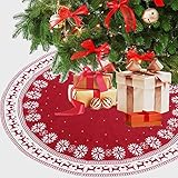 Christmas Tree Skirt 36 inches with White Snowflake Printed,Rustic Xmas Tree Holiday Decorations,Snowy Red and White Tree Skirt for Holiday Party Christmas Decorations, Snowflake deer pattern