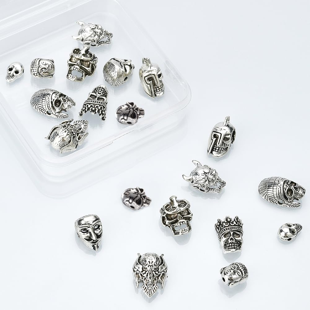 NBEADS 20 Pcs 10 Styles Tibetan Style Alloy Skull Beads - 10 Skull, 4 Devil, 2 Buddha Charms for Halloween Gothic Punk Jewelry Making - Image 5