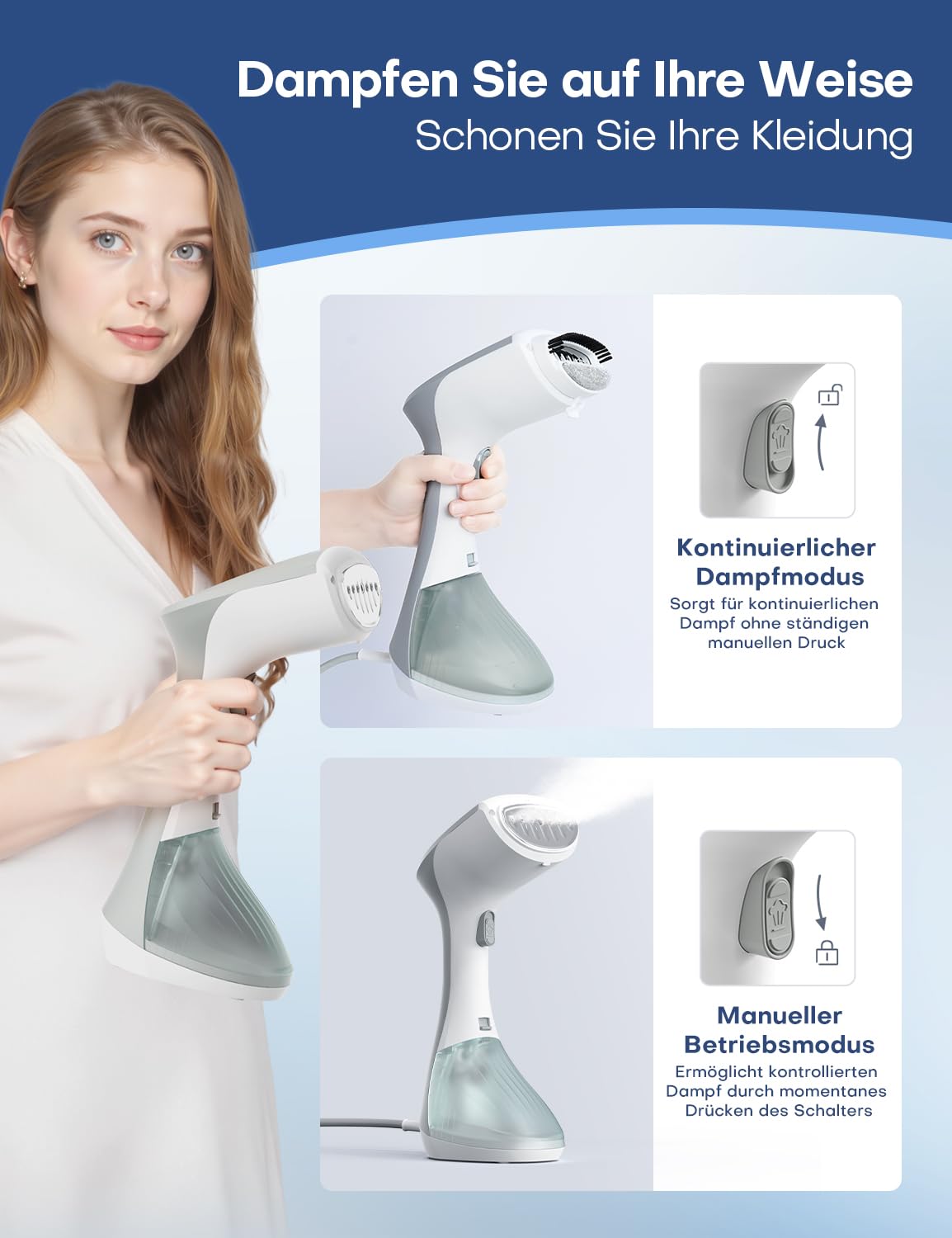 AROEVE Steamer Dampfglätter 1300W Handheld Dampfbügeleisen, 260ML Großer Tank, 2 Dampfmodi, kompakt & Tragbar für Zuhause, Büro, Reisen – Effizienter Faltenentferner, Grau