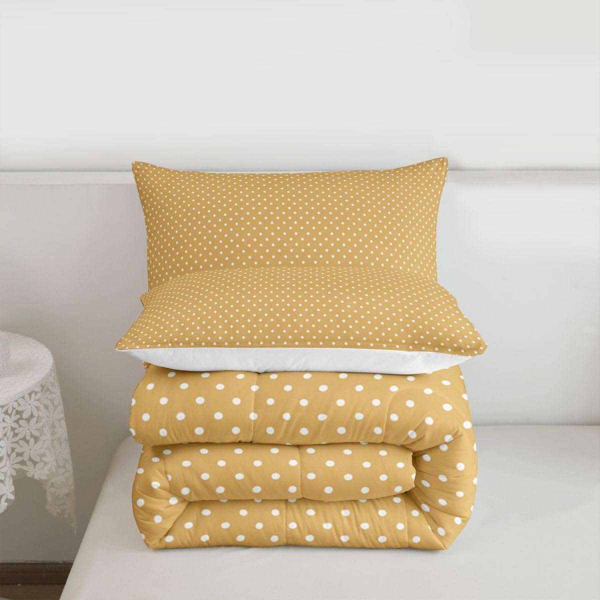 Erosebridal Dotted Yellow Comforter Set Queen Size White Polka Dot Down Comforter Bedroom Decor Geometric Bedding Set for Kids Boys Girls Teens Modern Pattern Printed Quilt Set