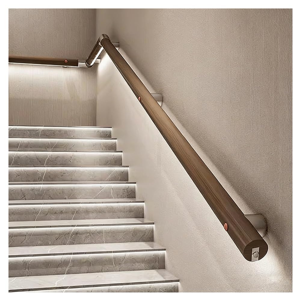 LED Handrail Wooden Stair Railing, Wall Mounted Staircase Handrails with Sensor, Pine Wood Material(Brown-Right,100cm)