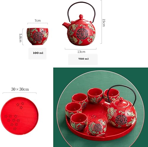 Miniatura 3 de TANFEI Juego de té tradicional de cerámica china, juego de té para fiesta de ceremonia de boda, tetera de porcelana roja china con tazas de té y