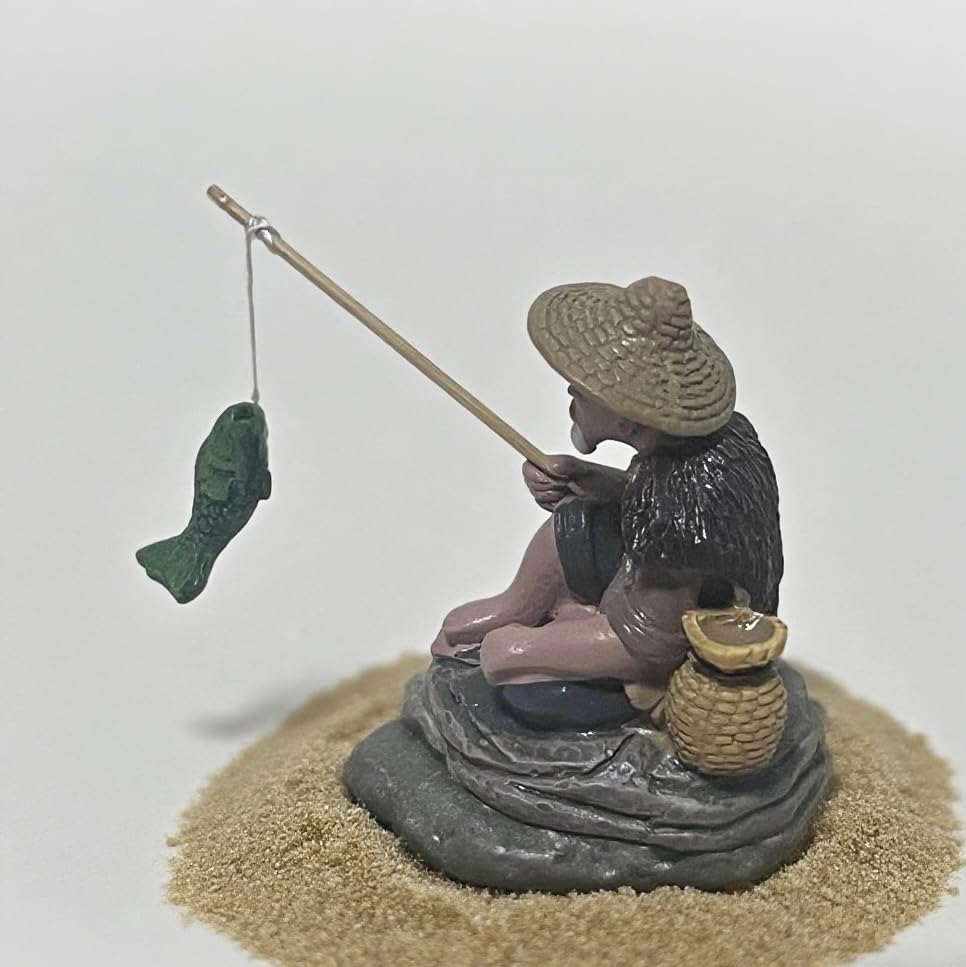 Miniatura 3 de Mini figuras de pescador en miniatura, estatua de cerámica china de lodo, vintage, adorno de resina para pecera, bonsái, figura de paisaje en