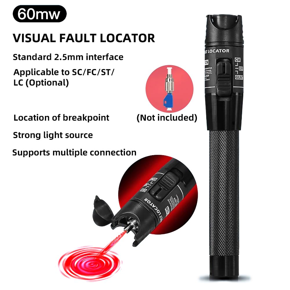 Localisateur visuel de défauts de fibre 60MW, Stylo de Test de Fiber optique, Source de lumière rouge, portée de 60Km, testeur de câble optique, prise en charge des connecteurs FC,SC,ST