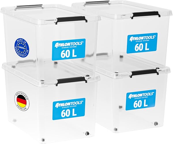 ATHLON TOOLS 4er Set 60l Aufbewahrungsboxen mit Deckel - BPA-freie & lebensmittelechte Aufbewahrungsbox mit Verschlussclips - 100% Neumaterial - Plastikbox transparent - Stapelbare Kunstoff Box - 1