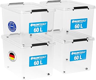 ATHLON TOOLS 4er Set 60l Aufbewahrungsboxen mit Deckel - BPA-freie & lebensmittelechte Aufbewahrungsbox mit Verschlussclips - 100% Neumaterial - Plastikbox transparent - Stapelbare Kunstoff Box