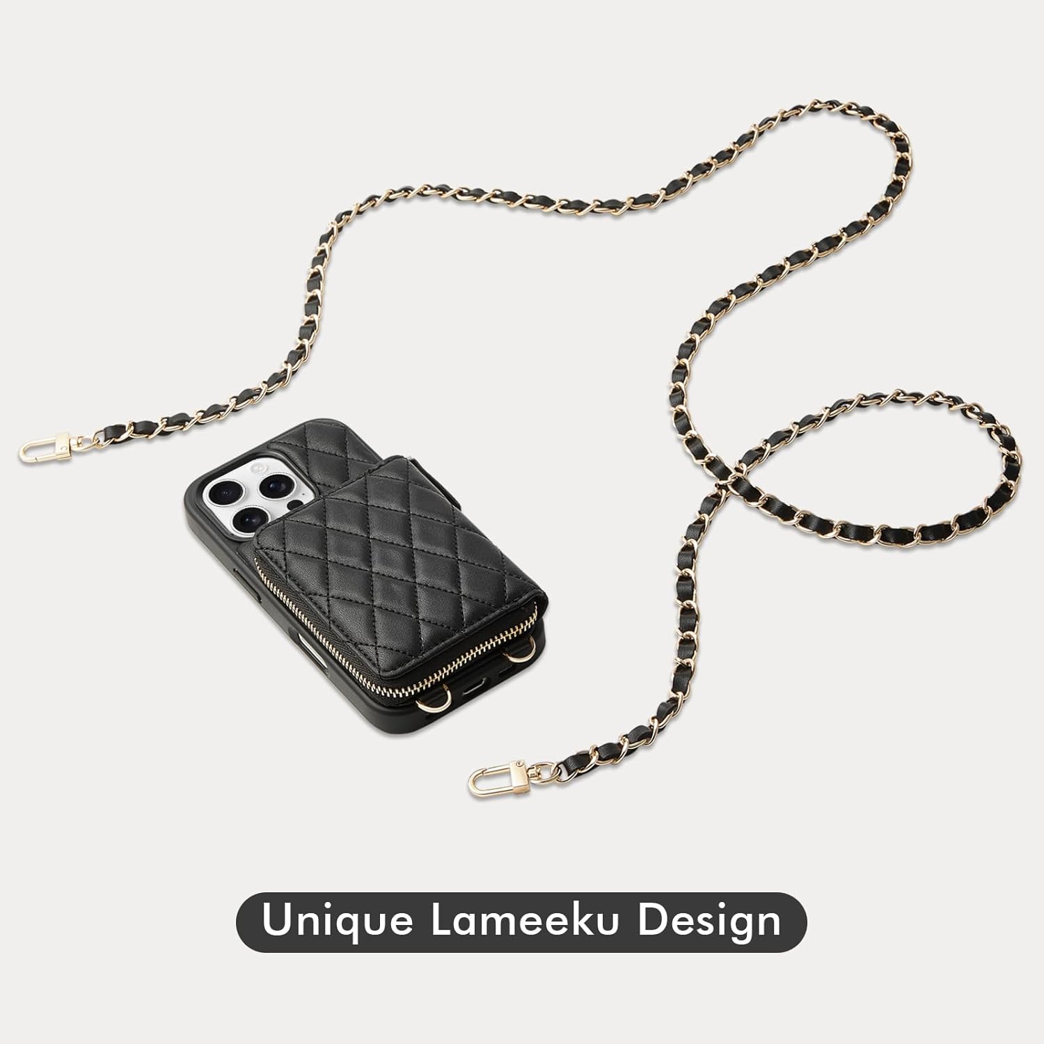 LAMEEKU Compatible with iPhone 16 Pro Max Wallet Case with Card Holder, Quilted Leather Crossbody Zipper Case for Women for iPhone 16 Pro Max 6.9'' Black - Image 8