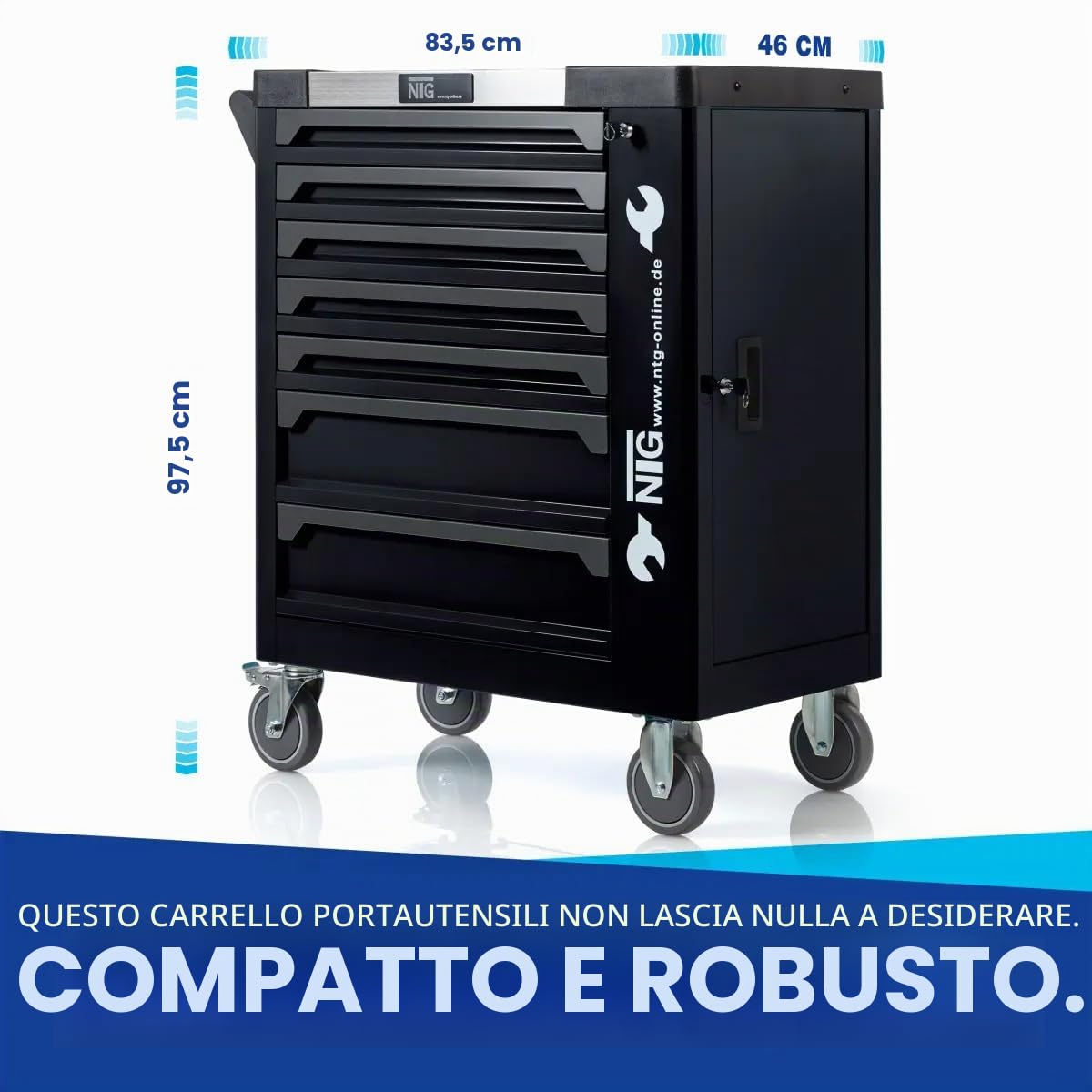 Carrello portautensili NTG + utensili + 7 cassetti | 252 pezzi | Nero | Di cui 6 con utensili | Chiudibile a chiave | Cassetti riempiti | Carrello da officina Cassetta degli attrezzi
