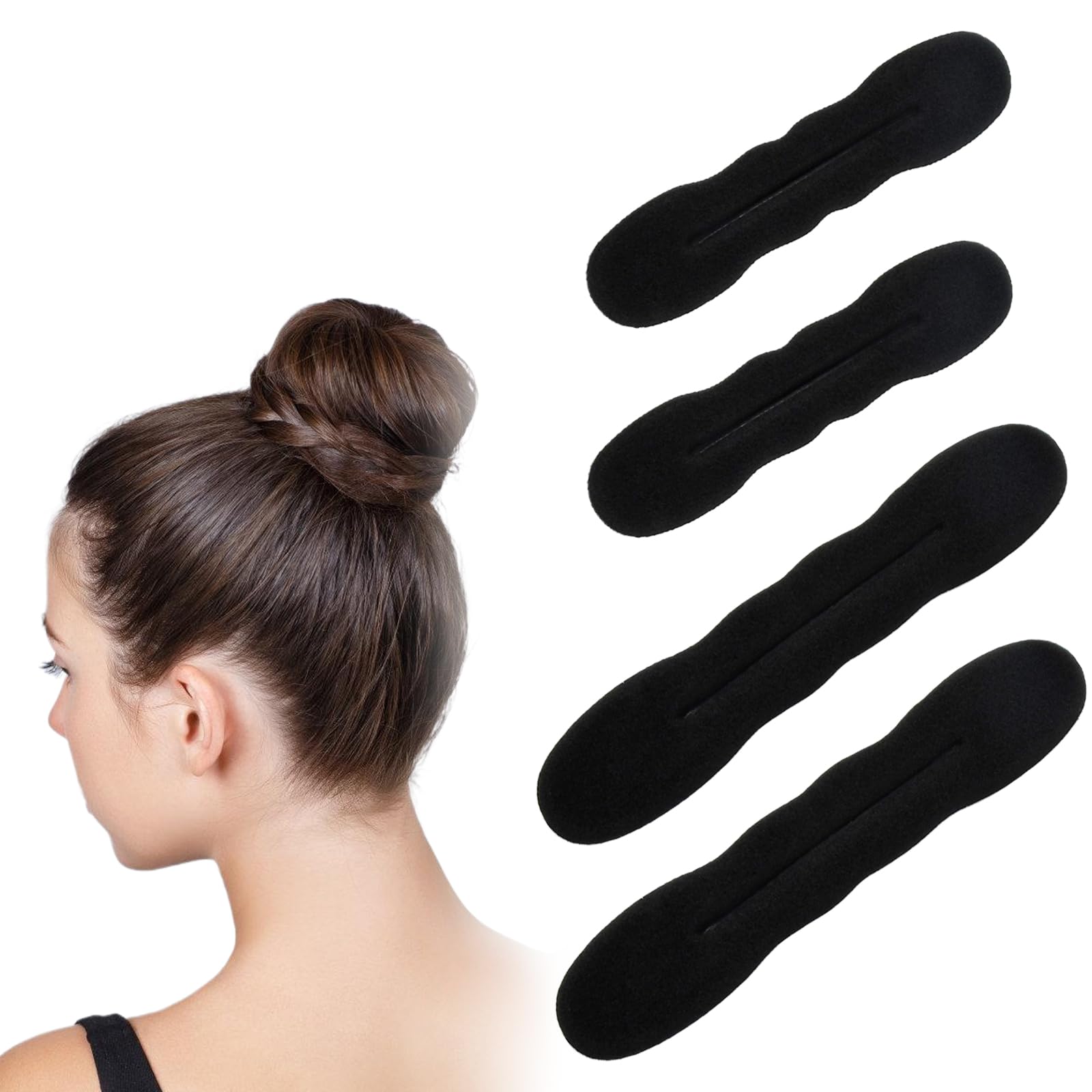 Pelo Moño Maker, Pinza de Esponja para Peinar el Cabello Donut Herramienta de Rosquilla de Giratoria, Herramientas de Peinado para Moños, 4 Piezas Moños Accesorios, 2 Grandes y 2 Pequeños (Negro)
