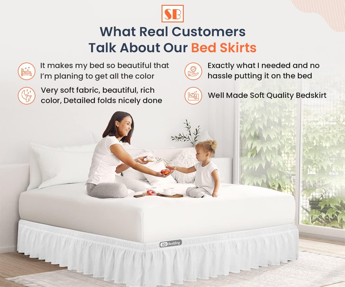 SGI 12 Inch Drop Length Wyoming King Size White Solid Bed Skirt Wrap Around Pattern Easy Fit Easy Care Fade & Wrinkle Resistant-Cotton Microfiber Made
