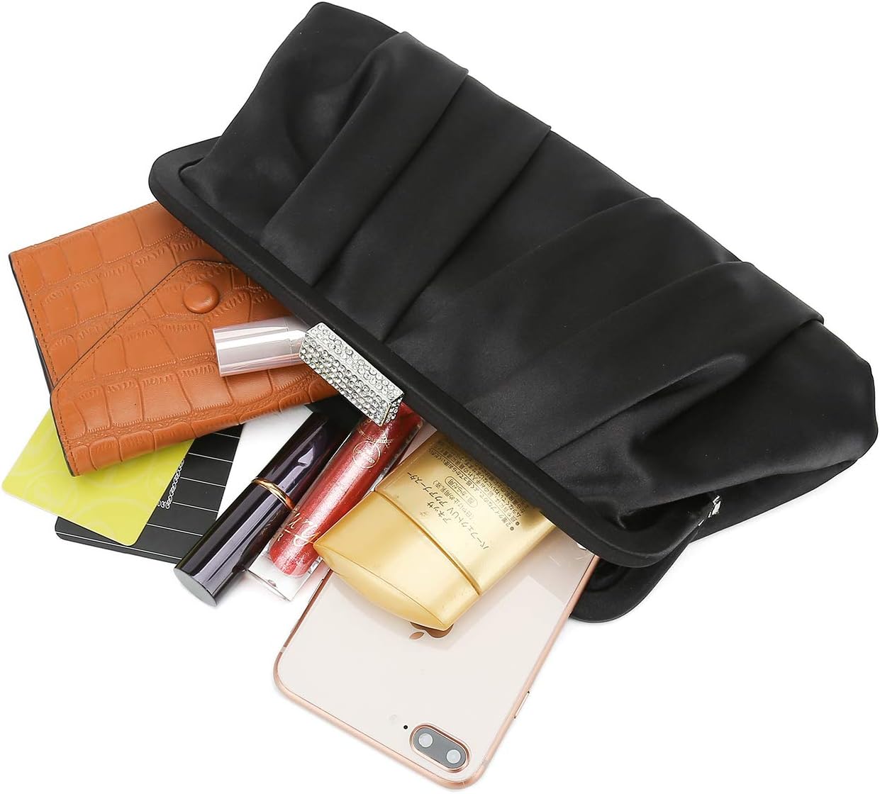 CHARMING TAILOR Classic Pleated Satin Clutch Bag Diamante Embellished Formal Handbag for Wedding/Prom/Black-Tie Events - Image 6