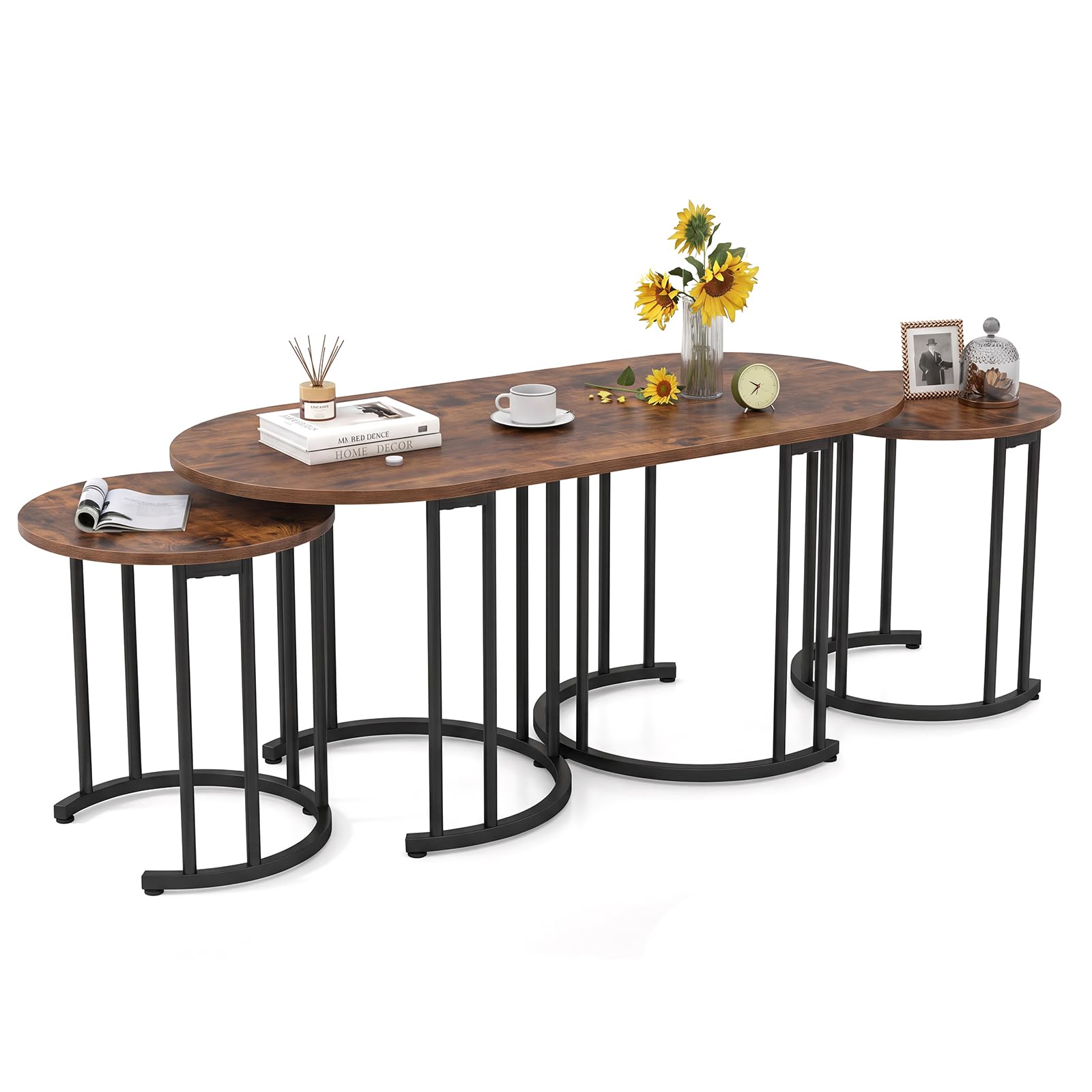 COSTWAY Nesting Coffee Tables Set of 3, Oval and Round (Rustic Brown+Black)